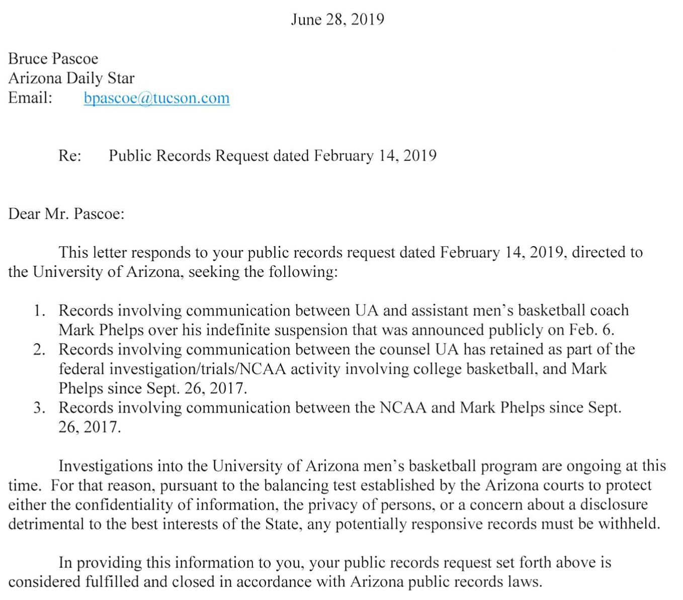 UA response to Mark Phelps public-records request